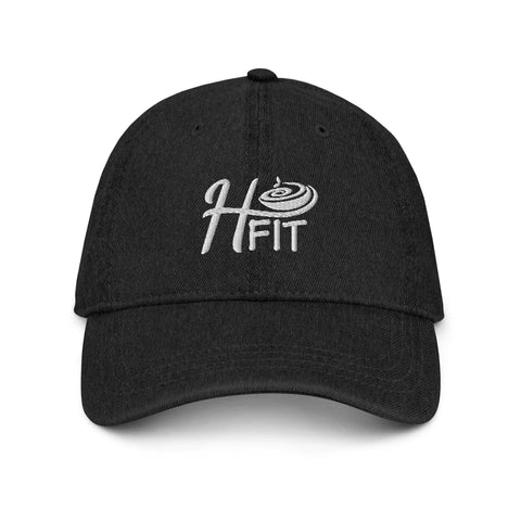 The H-Fit Black Denim Hat features HFIT and a spiral embroidered in white on the front, with pigment-dyed black fabric and an adjustable strap for comfort.