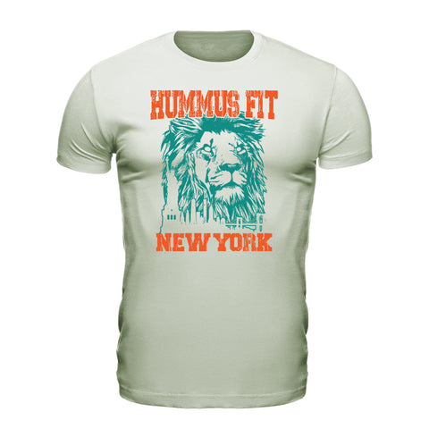 The Unisex Hummus Fit New York Citron T-Shirt is a comfy, light-colored 100% cotton tee with an illustrated lion’s head and buildings, “HUMMUS FIT” in bold orange above, and “NEW YORK” in orange below.