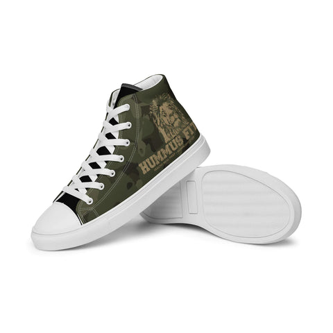 The Men’s Army Camo High Top Canvas Shoes feature an olive-green camouflage design, white soles and laces, a lion graphic, and the text HUMMUS FIT on the side.