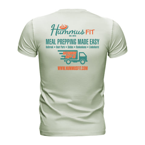 The Unisex Hummus Fit New York Citron T-Shirt is a 100% cotton, light green tee with “Hummus Fit” and “Meal Prepping Made Easy” on the back, a delivery truck graphic, website URL, and New York locations underneath.