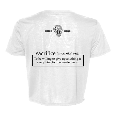 A trendy Women’s Crop Tee, this white slim fit top displays the Hummus Fit Lions Club lion head logo on the upper back, with a bold black “sacrifice” definition printed below.