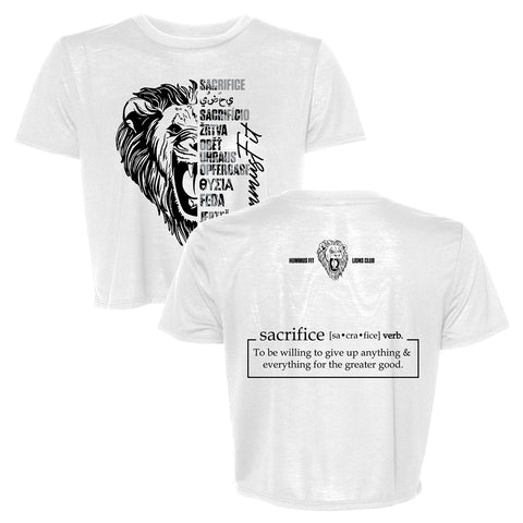 Women’s Crop Tee: A white slim fit crop top with a roaring lion graphic and motivational words on the front; the back displays sacrifice with its pronunciation and definition inside a black-outlined box—ultra trendy style.
