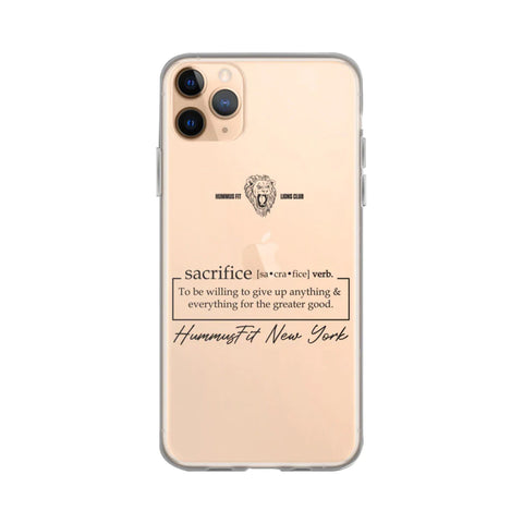 The Hummus Fit Sacrifice iPhone Case features a clear design with a lion logo, the word “sacrifice” and its definition, and HummusFit New York in cursive on the back. Compatible with wireless charging.