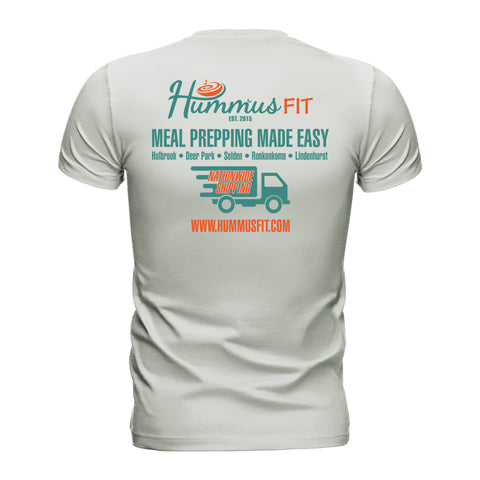 Back view of the Unisex Hummus Fit New York Ash T-Shirt, 100% cotton, featuring teal and orange Hummus Fit and Meal Prepping Made Easy, a delivery truck graphic, store locations, and www.hummusfit.com.