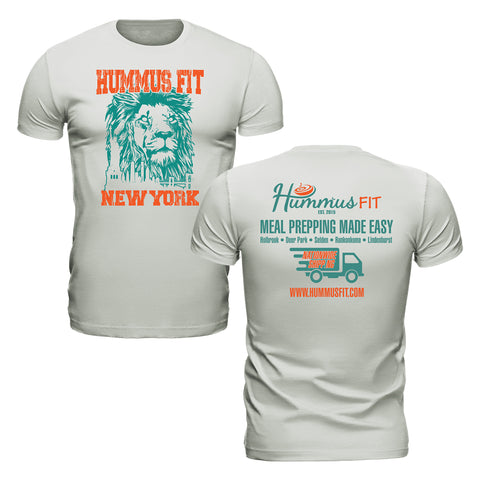 The Unisex Hummus Fit New York Ash T-Shirt is 100% cotton with a lion graphic and Hummus Fit New York text on the front, and a food truck with Meal Prepping Made Easy plus website info on the back. Comfortable for daily wear.