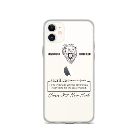 The Hummus Fit Sacrifice iPhone Case features a lion head illustration, “Hummus Fit Lions Club,” a sacrifice definition, and “HummusFit New York” on the back. Its clear, protective, and compatible with wireless charging.