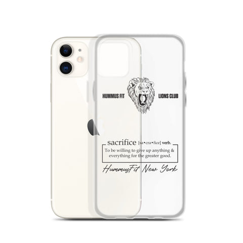 The Hummus Fit Sacrifice iPhone Case features a roaring lion graphic, Lions Club and New York script, and a sacrifice definition; another clear case is wireless charging compatible to showcase your phone.