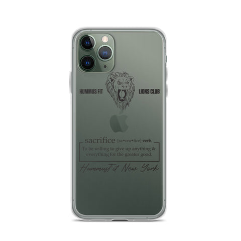 The Hummus Fit Sacrifice iPhone Case is a green, wireless charging compatible case featuring a lion head graphic, HUMMUS FIT LIONS CLUB, a sacrifice definition, and HummusFit New York on the back.