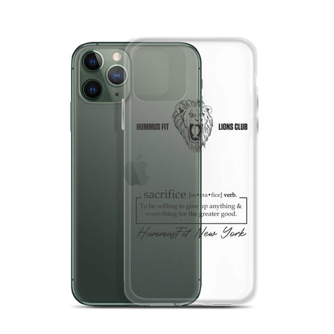 The Hummus Fit Sacrifice iPhone Case is a transparent, wireless charging compatible case with a lion illustration, the Hummus Fit Lions Club text, sacrifice definition, and HummusFit New York over a green iPhone.