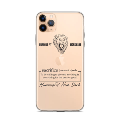 The Hummus Fit Sacrifice iPhone Case is clear, wireless charging compatible, and features a roaring lion with “HUMMUS FIT LIONS CLUB,” the word “sacrifice” with its definition, plus “HummusFit New York” in script.