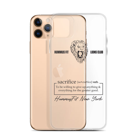 A gold smartphone is shown next to the Hummus Fit Sacrifice iPhone Case, which supports wireless charging and displays a lion, HUMMUS FIT LIONS CLUB, and a definition of sacrifice above Hummus Fit New York.