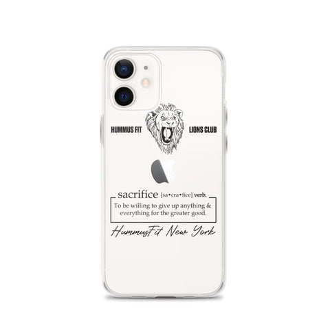 The Hummus Fit Sacrifice iPhone Case showcases a lion’s head over “Hummus Fit Lions Club,” a dictionary-style “sacrifice” definition, and “HummusFit New York.” This clear case is wireless charging compatible for convenience.