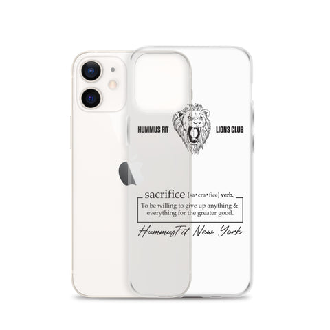 The Hummus Fit Sacrifice iPhone Case features a lion illustration, inspiring text, and a definition of sacrifice. This clear, protective case is wireless charging compatible and keeps your device secure with style.