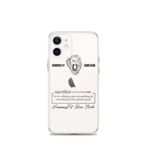 The Hummus Fit Sacrifice iPhone Case features a roaring lion graphic, “Hummus Fit Lions Club,” a dictionary-style “sacrifice” definition, “HummusFit New York” in script on a clear background, and is wireless charging compatible.