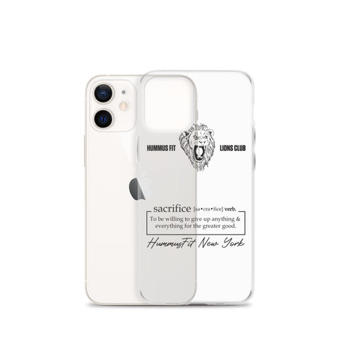 The Hummus Fit Sacrifice iPhone Case features a clear design with a lion graphic, HUMMUS FIT LIONS CLUB, and the definition of sacrifice. Hummus Fit New York is printed on the back. This protective case supports wireless charging.