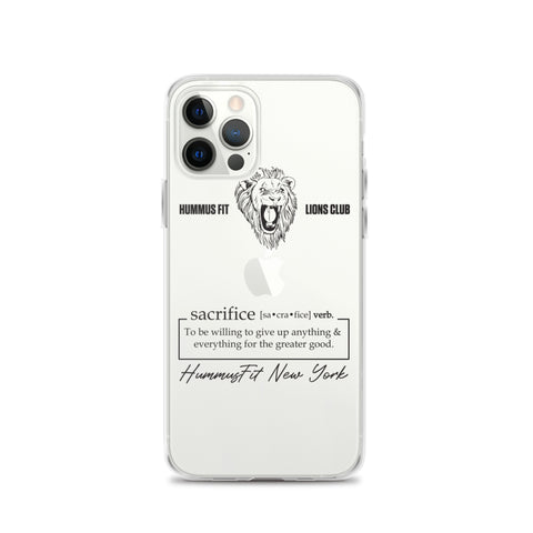 The Hummus Fit Sacrifice iPhone Case features a lion head illustration, HUMMUS FIT LIONS CLUB, the definition of sacrifice, and “HummusFit New York” in script at the bottom. Wireless charging compatible.