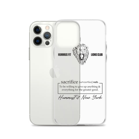 The Hummus Fit Sacrifice iPhone Case features a clear design with a lion head graphic, Hummus Fit Lions Club text, a sacrifice definition, Hummusfit New York script at the bottom, and is wireless charging compatible.