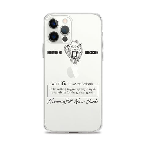 The Hummus Fit Sacrifice iPhone Case features a lion illustration and “HUMMUS FIT LIONS CLUB” text, plus a definition: “sacrifice: To be willing to give up anything & everything for the greater good.” Wireless charging compatible.