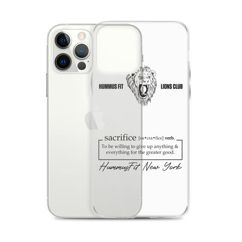 The Hummus Fit Sacrifice iPhone Case features black Hummus Fit Lions Club text, a lion head logo, the word sacrifice with its definition, and Hummusfit New York. Shown on an iPhone with triple rear cameras.