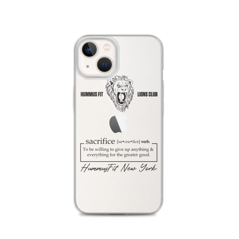 The Hummus Fit Sacrifice iPhone Case features a lion illustration, "HUMMUS FIT LIONS CLUB," a sacrifice definition, and "HummusFit New York" on the back. It's wireless charging compatible and provides reliable scratch protection.