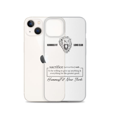 The Hummus Fit Sacrifice iPhone Case is a white, transparent case featuring a lion head, "Hummus Fit Lions Club," a sacrifice definition, and "Hummus Fit New York" script. It offers scratch protection and supports wireless charging.