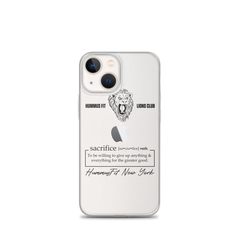 The Hummus Fit Sacrifice iPhone Case is a clear case with a roaring lion graphic, “HUMMUS FIT LIONS CLUB” text, the definition of “sacrifice,” and “HummusFit New York” on the back. Apple logo stays visible and its wireless charging compatible.