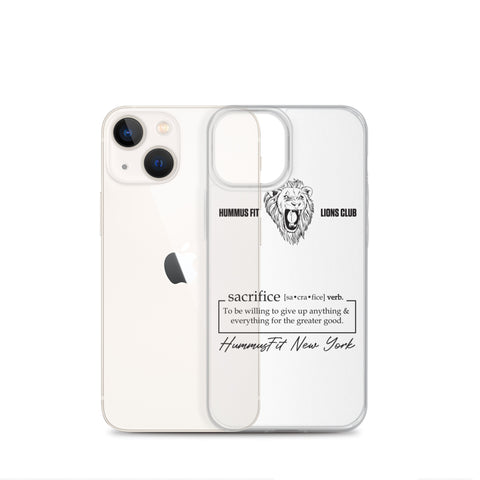 The Hummus Fit Sacrifice iPhone Case is a white, wireless charging compatible case with a transparent back featuring a roaring lion logo, Hummus Fit Lions Club, the word sacrifice with its definition, and HummusFit New York at the bottom.
