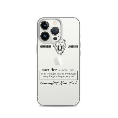The Hummus Fit Sacrifice iPhone Case showcases a lion illustration, HUMMUS FIT LIONS CLUB text, and a sacrifice definition. HummusFit New York is handwritten below. The clear protective case displays the Apple logo and supports wireless charging.
