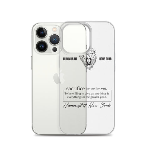 The Hummus Fit Sacrifice iPhone Case features a lion graphic and "HUMMUS FIT LIONS CLUB" text, offers scratch protection, is wireless charging compatible, and includes the definition of sacrifice. Hummus Fit New York.