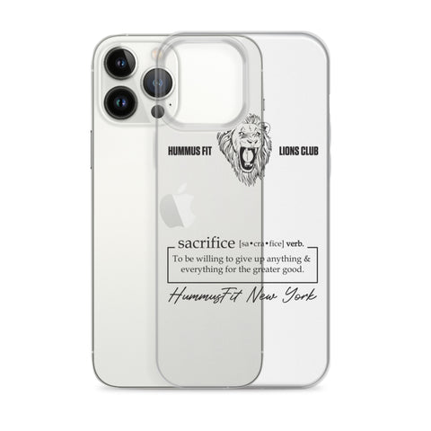 The Hummus Fit Sacrifice iPhone Case features a clear design with a lion and HUMMUS FIT LIONS CLUB, plus the definition: sacrifice—willing to give up everything for the greater good. Wireless charging compatible. Signed HummusFit New York.