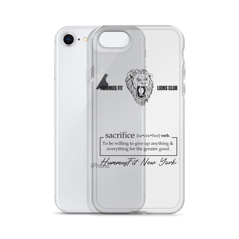 The Hummus Fit Sacrifice iPhone Case is a clear cover with a roaring lion graphic, "Hummus Fit Lions Club" text, a sacrifice definition, scratch protection, and full wireless charging compatibility.