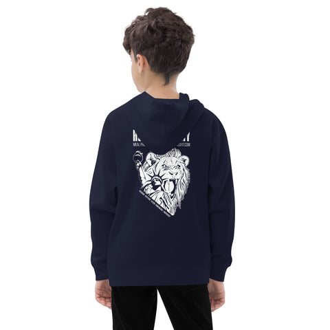 A young boy with curly hair wears a navy Unisex Kids Fleece Hoodie featuring a white roaring lion with a microphone graphic on the back. He faces away from the camera against a plain background. Soft, cozy, and made from durable material.