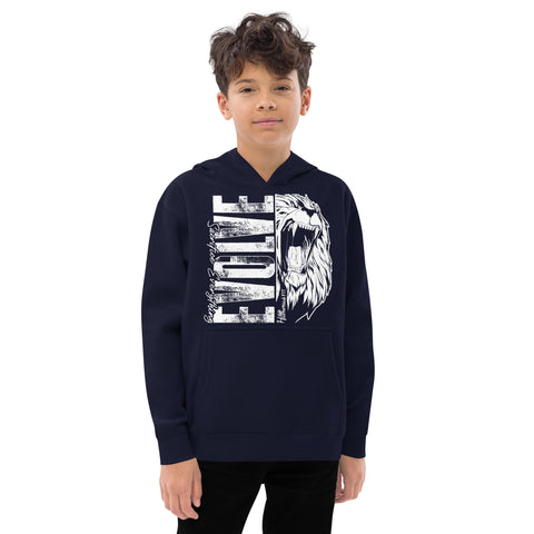 A boy with curly hair wears a Unisex Kids Fleece Hoodie in navy blue, featuring a roaring lion graphic and bold, distressed white EVOLVE text. Made from soft fleece, he faces forward with a neutral expression.