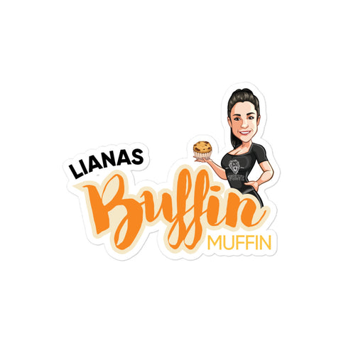 A cartoon woman holding a muffin stands by bold orange “Buffin” text, with “LIANAS” above and “MUFFIN” below, on white—Buffin Muffin Die-Cut Stickers are perfect as durable vinyl or motivational stickers.
