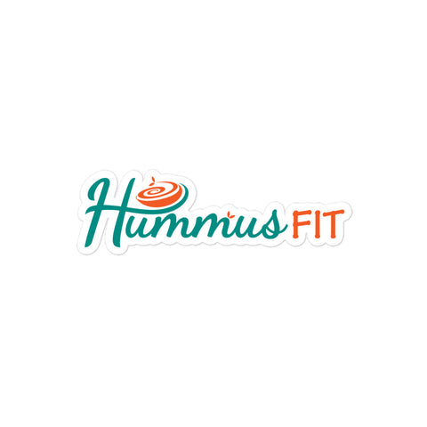 The image shows the Hummus Fit Logo Die-Cut Sticker, featuring Hummus in teal with an orange hummus swirl above the u, and FIT in bold orange uppercase—designed for durable, bubble-free vinyl sticker application.