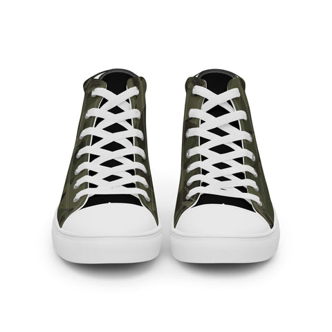 The Men’s Army Camo High Top Canvas Shoes feature olive green sides, white toes, white laces, and white soles, displayed from the front on a plain white background.