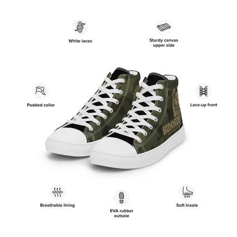 Two Men’s Army Camo High Top Canvas Shoes with white laces are shown at an angle, featuring sturdy canvas, a padded collar, lace-up front, breathable lining, soft insole, and durable EVA rubber outsole.
