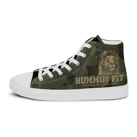 The Men’s Army Camo High Top Canvas Shoes feature a detailed lion design, “HUMMUS FIT” text, website, and slogan on the side—perfect bold, handmade footwear for trendsetters who love unique style.