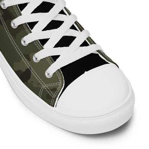 Close-up of the Men’s Army Camo High Top Canvas Shoes featuring a white toe cap, white laces, green camouflage sides, visible stitching, and a rubber sole.