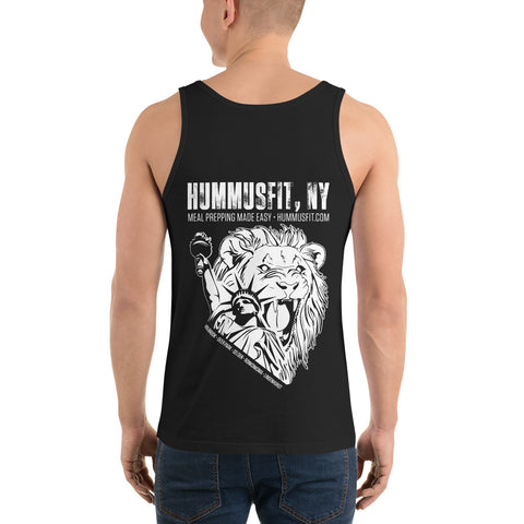 A man wears the Unisex Lions Club Tank Top, featuring a bold white lion graphic with fork and spoon on the back and HUMMUSFIT branding: NY Meal Prepping Made Easy - HUMMUSFIT.COM.