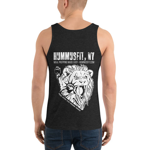 Someone wearing the Unisex Lions Club Tank Top, which features a lion holding a dumbbell and microphone graphic on the back. Above it reads: HUMMUSFIT, NY - MEAL PREPPING MADE EASY - HUMMUSFIT.COM.
