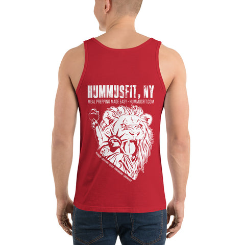 A man wears the Unisex Lions Club Tank Top in red, featuring HummusFit NY and a lion with a dumbbell and fork on the back, plus Meal Prepping Made Easy – hummusfit.com. Made from soft ringspun cotton for comfort.