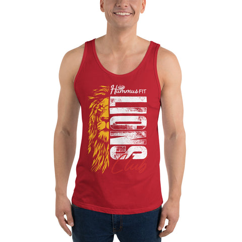 A smiling person wears the Unisex Lions Club Tank Top, made from soft ringspun cotton and featuring a lion graphic with bold Hummus Fit and Lions Club text in white and yellow.