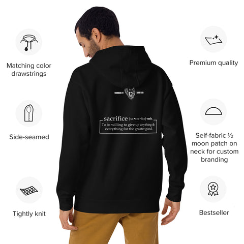 A man wears the Unisex Hoodie, a black streetwear piece with sacrifice defined on the back, featuring matching drawstrings, a pouch pocket, tightly knit fabric, premium quality, bestseller status, and side-seamed construction.
