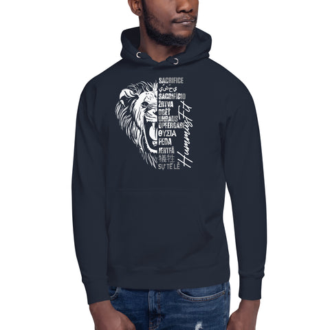 A man wears the Unisex Hoodie in navy blue, featuring a white lion graphic with Humanity and sacrifice in multiple languages, plus a cozy pouch pocket for comfort.