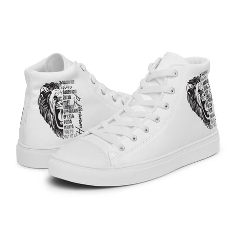 These Women’s high top canvas shoes are white with a black lion’s head graphic made of inspirational words on the outer side, shown side by side on a white background.