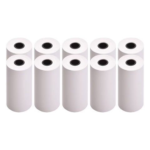 Ten rolls of receipt paper, included in a 10-roll pack, are arranged in two rows of five, each roll standing upright on a white background.