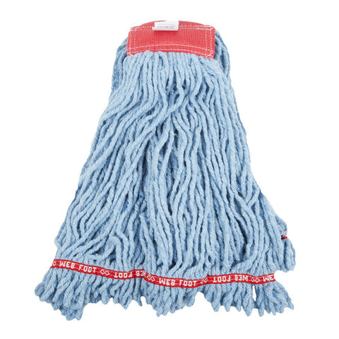 A MOP HEAD featuring blue thick twisted yarn, a red fabric band at the top, and a red "WEB FOOT 3M" label near the bottom edge.