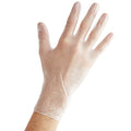 A hand wearing Vinyl gloves powder free 10/100 is shown with fingers spread against a plain white background.