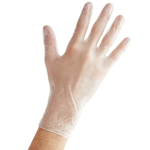 A hand wearing Vinyl gloves powder free 10/100 is shown with fingers spread against a plain white background.